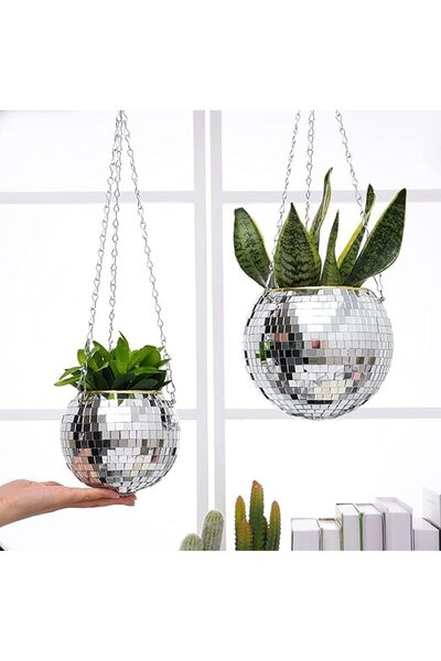 X SPRING Disco Ball Plant Hanger, 6 Inches Mirror Planter with Macrame Hanger...
