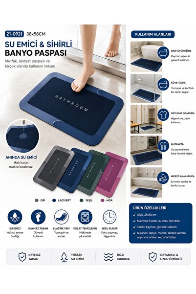 Genel Markalar Su Emici Kaymaz Banyo Paspası 38x58 cm Hızlı Kuruyan Yıkanabil...