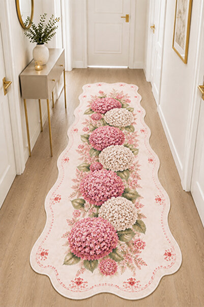 PINKIE HOME Dijital Baskı Yıkanabilir Kaymaz Leke Tutmaz Asimetrik Yolluk Çiç...