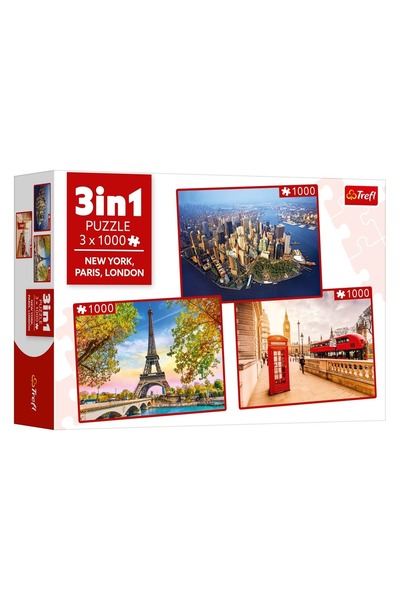 Trefl Puzzle de 3x1000 piese: Orașele New York, Paris și Londra