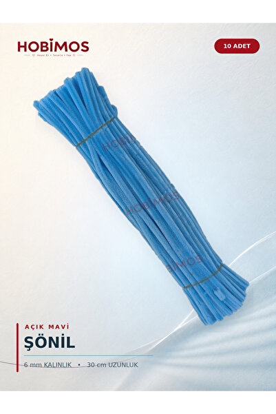 Hobimos 10 Adet Açık Mavi Şönil Tel - 6 mm x 30 cm - Tüylü Çubuk Çiçek ve Hob...