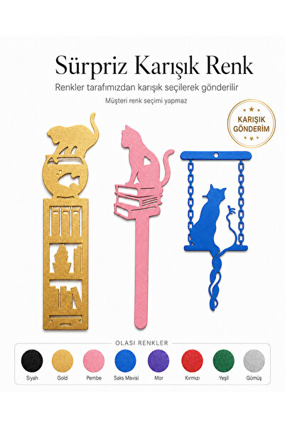 BellaVita Botuique BellaVita Butik Şık 3'lü Kedi Figürlü Metal Kitap Ayracı Seti