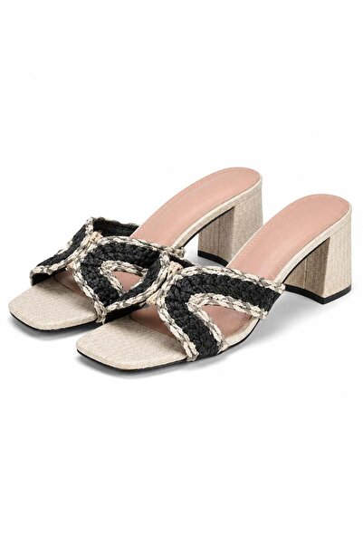 Generic Women’s Black Woven Heeled Sandals, Braided Strap Square Open Toe Sli...