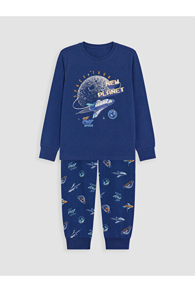 LC Waikiki Navy Blue Crew Neck Printed Boys' Pajama Set W63995F4