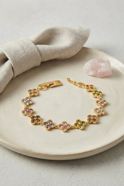 Clariss Yonca Model Colorful Zircon Stone Gold Brass Women's Bracelet