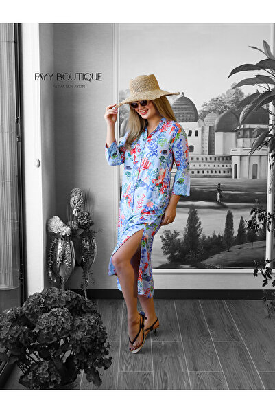 CapriMare Coral Patterned Slit Shirt Dress |   Blue Summer Midi Dress
