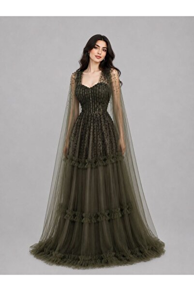 ranin Brown Evening Dress Tulle Embroidery Pearls Cloche