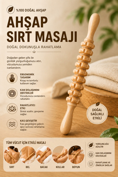 Circle Toys Ahşap Sırt Masaj Aleti Doğal Ahşap Masaj Rulosu Tüm Vücut Masaj A...