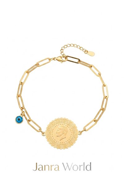 JANRA WORLD Steel Bracelet - Ancestor Patterned Medallion and Evil Eye Beaded...