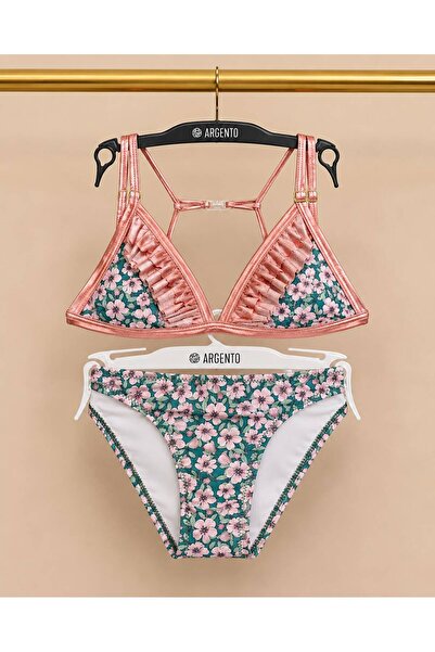 Argento Çiçek Desenli ve Fırfırlı İki Parçalı Bikini Takımı Kaliteli Kumaş: H...