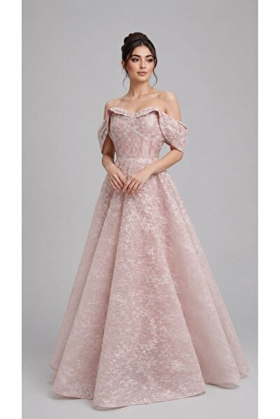 ranin Beige Lace Gipon Double Cloche Evening Dress with Beaded Embroidery