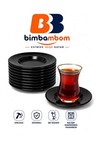 bimbambom 12'li Siyah Çay Tabağı Plastik Çay Tabağı 12 Adet