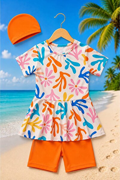 My Kids Wear طقم ملابس سباحة بناتي منقوش مع شورت وقبعة 12873