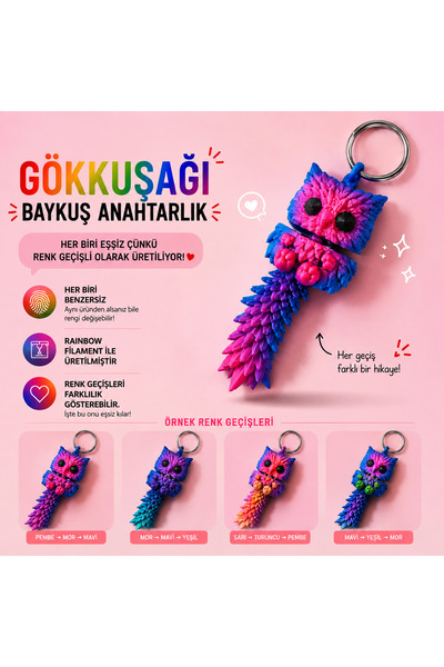 Pocket People Gökkuşağı Baykuş Anahtarlık – Rainbow 3D Baskı Hareketli Figür