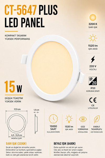 Yenilig CT-5647 Plus LED Panel 15W Sarı Işık 3200K Yuvarlak Sıva Altı LED Spo...