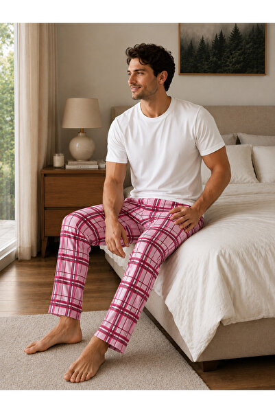 Arvin Pijama Unisex Cotton Pocketed Elastic Waist Pink Plaid Printed Pajama B...