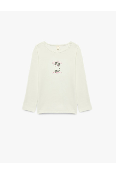 Koton Kids Baby Girl Cat Printed Cotton Long Sleeve Crew Neck T-Shirt