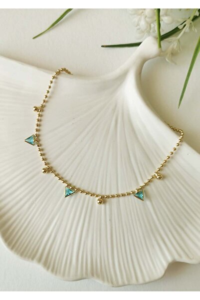 Halley Concept Blue Triangle Stone Detailed Gold Steel Anklet 23+5 cm