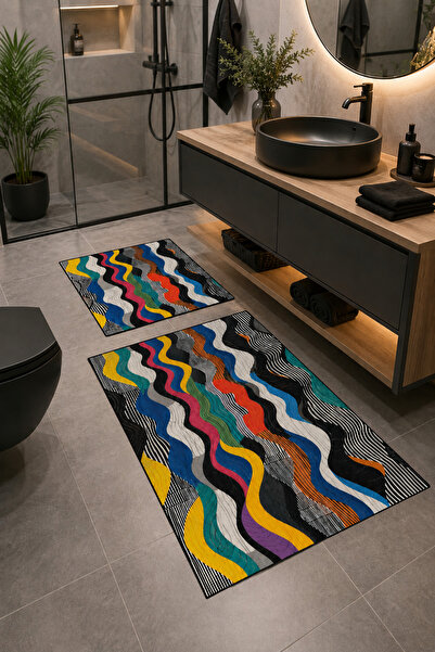 Serteks Renkli Çizgi Desenli Yıkanabilir Kaymaz Banyo Paspas Seti 50x60-60x100