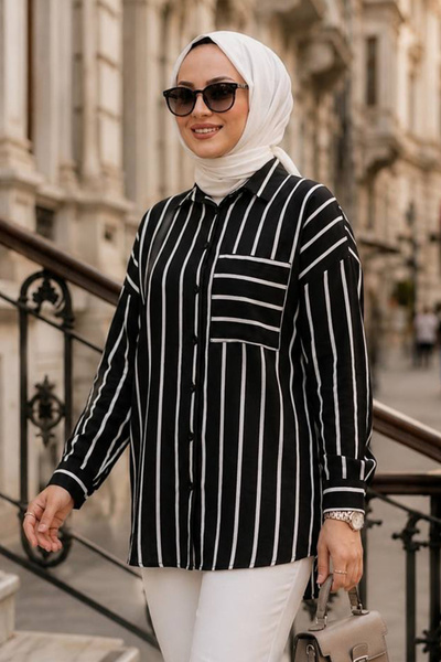 Neva Style Çizgili Cepli Siyah Tesettür Gömlek 52112S