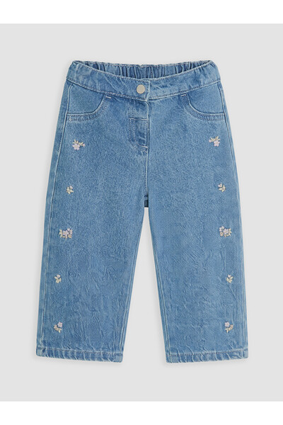 LC Waikiki Mavi Beli Lastikli Nakışlı Kız Bebek Jean Pantolon