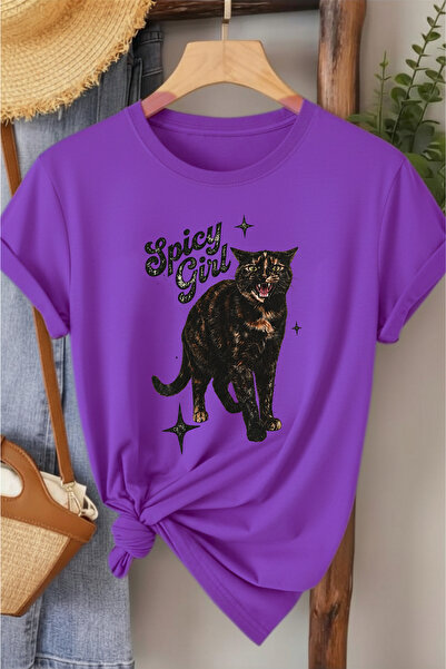 l'eivor Spicy Girl Cat Printed Cotton Women's T-Shirt