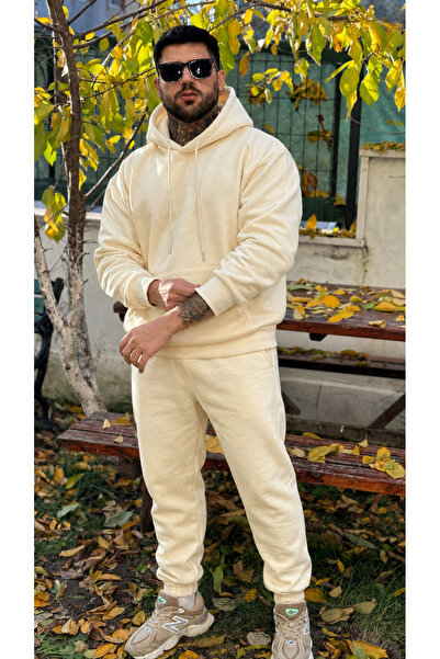 YAKAMEL Erkek Kapşonlu 3 İplik Şardonlu Salaş Bol Hoodie Eşofman Takımı
