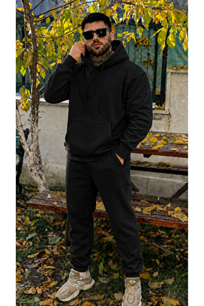 YAKAMEL Erkek Kapşonlu 3 İplik Şardonlu Salaş Bol Hoodie Eşofman Takımı