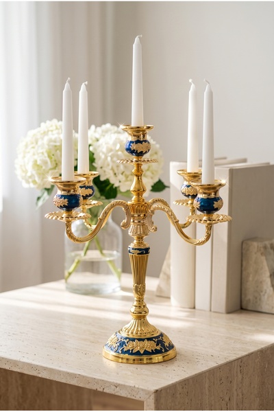 RASHA COLLECTION 5 Kollu Altın Kaplama ve Lacivert Detaylı Şamdan 37 cm