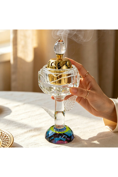 ARIANA Luxury Crystal Bakhoor Incense Burner with Gold Oud Bowl, Unique Colorful Faceted Base & Leaf Accents, Perfect for Meditation, Yoga & Relaxing Aromatherapy Home Decor.