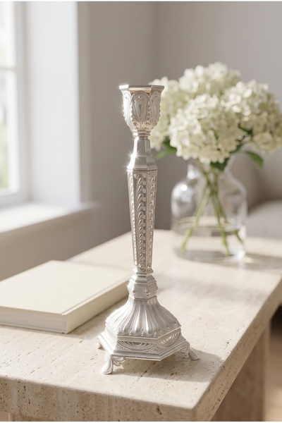 RASHA COLLECTION Gümüş Renk İşlemeli Ayaklı Şamdan 25 cm