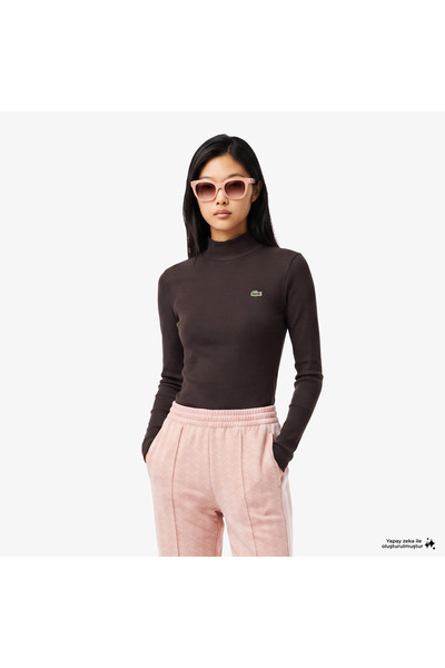 Lacoste Kadın Slim Fit Uzun Kollu Boğazlı Yaka Çizgili Kahverengi T-Shirt