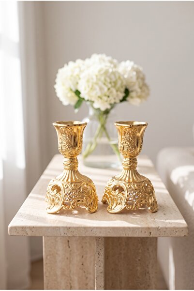 RASHA COLLECTION 2'li Altın Kaplama İşlemeli Şamdan Seti