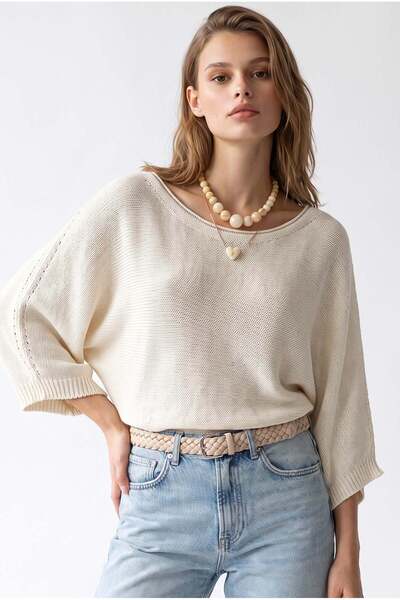 Mixray 7044 Women's Slim Boat Neck Bat Sleeve Knit Sweater Natural