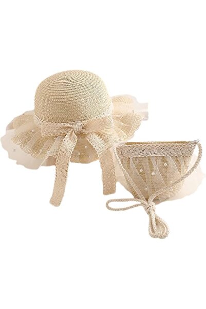 STARSTAR Girls' straw hat and bag set, lace-trimmed floral, pearl summer beac...