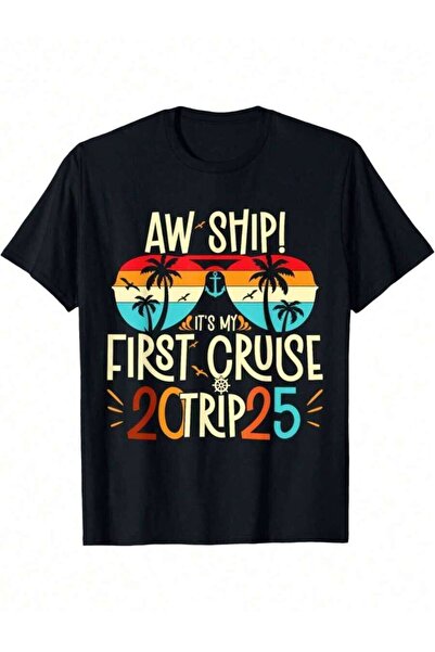 21JNRY قميص مطبوع عليه Ship It's My First Cruise Trip 2025، تي شيرت رجالي، قم...