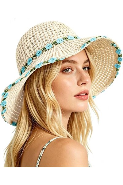 STARSTAR Women's sun hat, wide-brimmed beach hat, straw hat with small blue f...