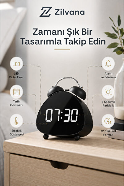 Zilvana Retro Çift Zilli Tasarımlı LED Dijital Çalar Saat – Takvim, Sıcaklık,...