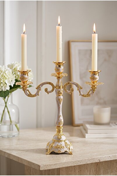 RASHA COLLECTION 3 Kollu Gold Detaylı İşlemeli Şamdan