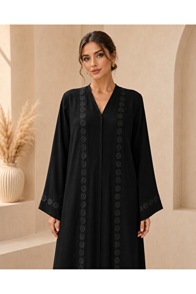 KAVALEE Women’s Black Open Abaya with Tonal Circular Embroidery – Full-Length...