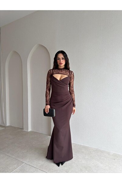 Mooi Butik فستان ماكسي دانتيل من دستينا 7532 - بني غامق