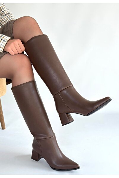 ALFA AKSESUAR 03 Roksa Bitter Brown Leather Heeled Boots