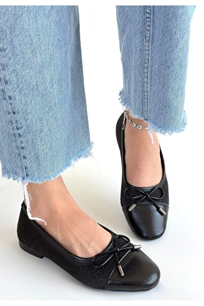 ALFA AKSESUAR 03 Etya Black Leather Ballerina Shoes