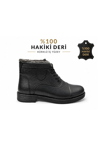 SPOKEN Ayakkabı & Kemer حذاء رجالي أسود شتوي مبطن بالفرو مع نعل مطاطي أنيق وم...