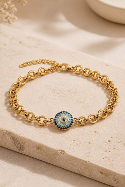 LYKOS Zircon Stone Evil Eye Figured Brass Chain Women's Bracelet - Adjustable...