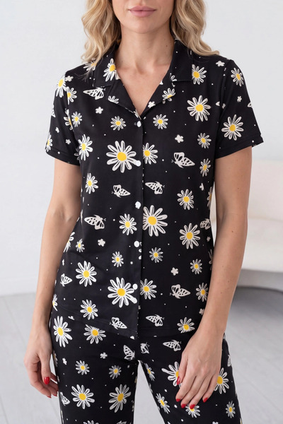 SS HOME CONCEPT Black Daisy and Butterfly Patterned Short Sleeve Shirt Collar...