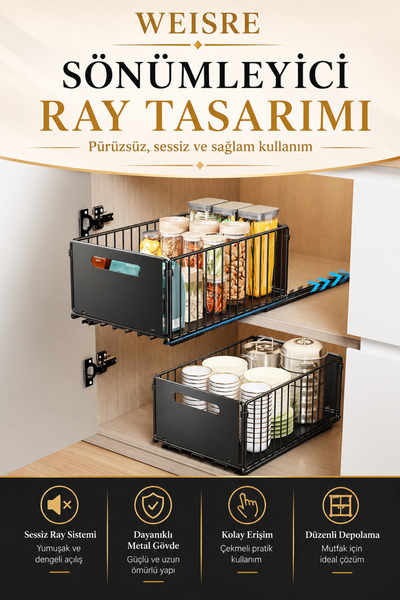Weisre Raylı Mutfak Dolabı İçi Düzenleyici Çekmece Sepet Metal Sürgülü Organizer 25 KG Taşıma Kapasitesi Geniş Kapasite
