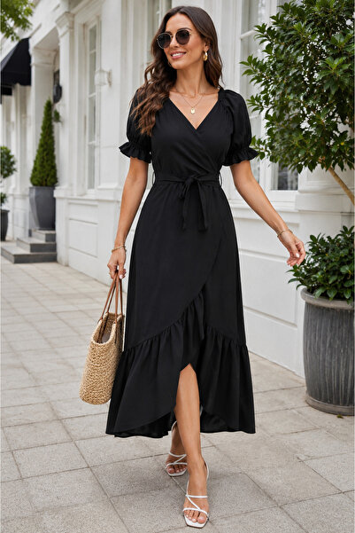 Kokosh moda Elegant Elegance in Black - Women's Double-Breasted Collar Balloo...