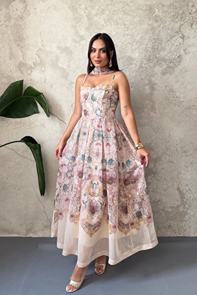 Elbee Fashion Woman Beige Floral Patterned Dress with Breast Cups