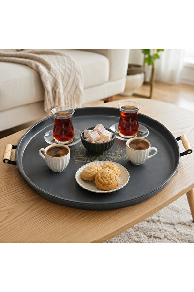 kitchen soft 55 cm Ahşap Kulplu Antrasit Büyük Boy Yuvarlak Metal Servis Teps...
